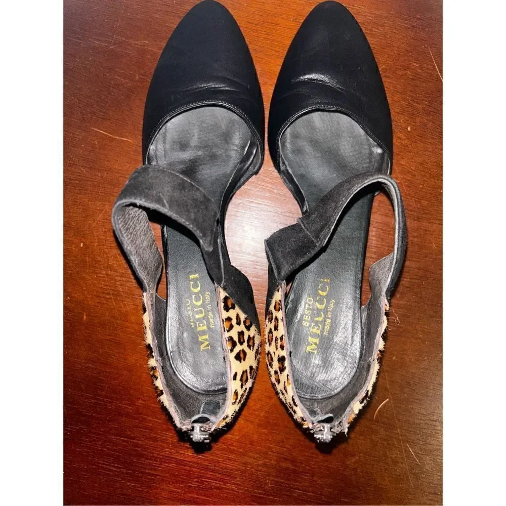 Sesto meucci black hair calf ankle strap heels size